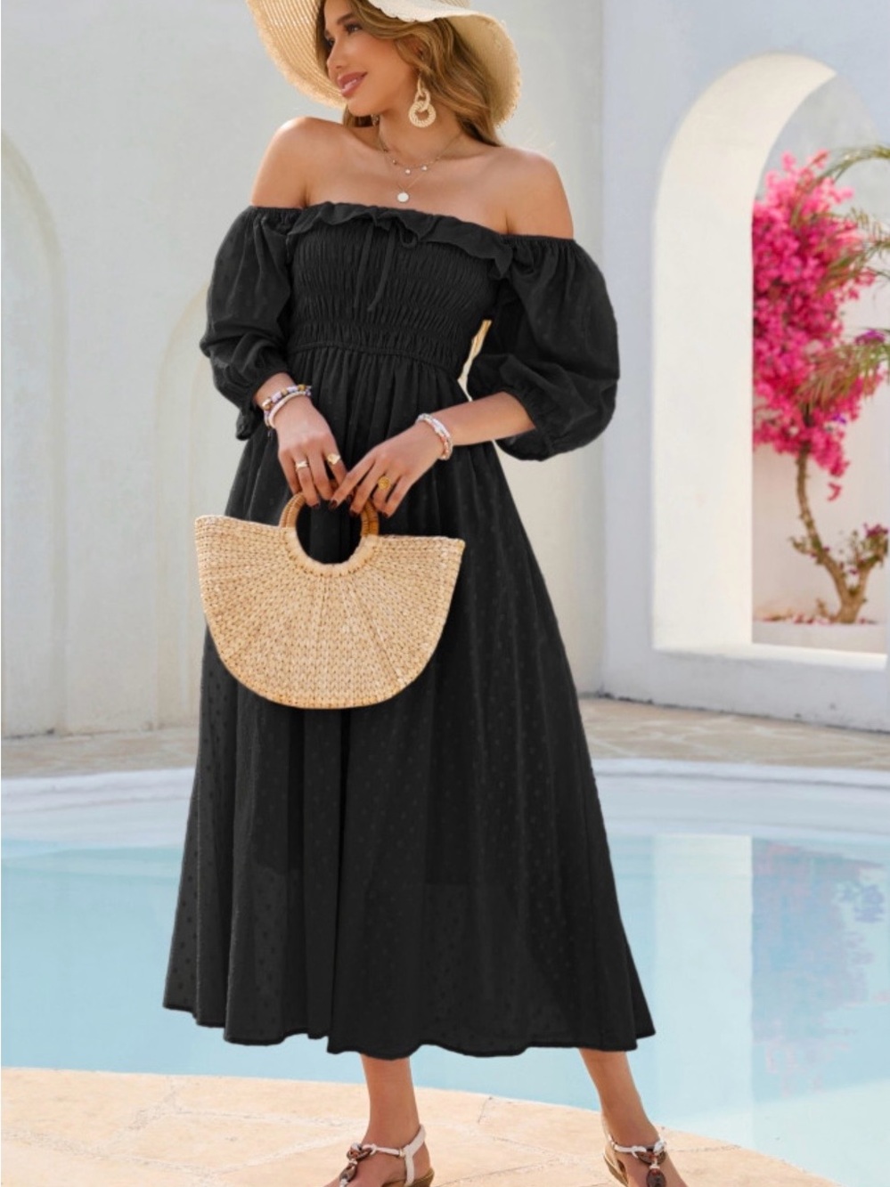 R. Vivimos Off-Shoulder Cottagecore  Black Midi Dress with Puff Sleeves XL 16/18